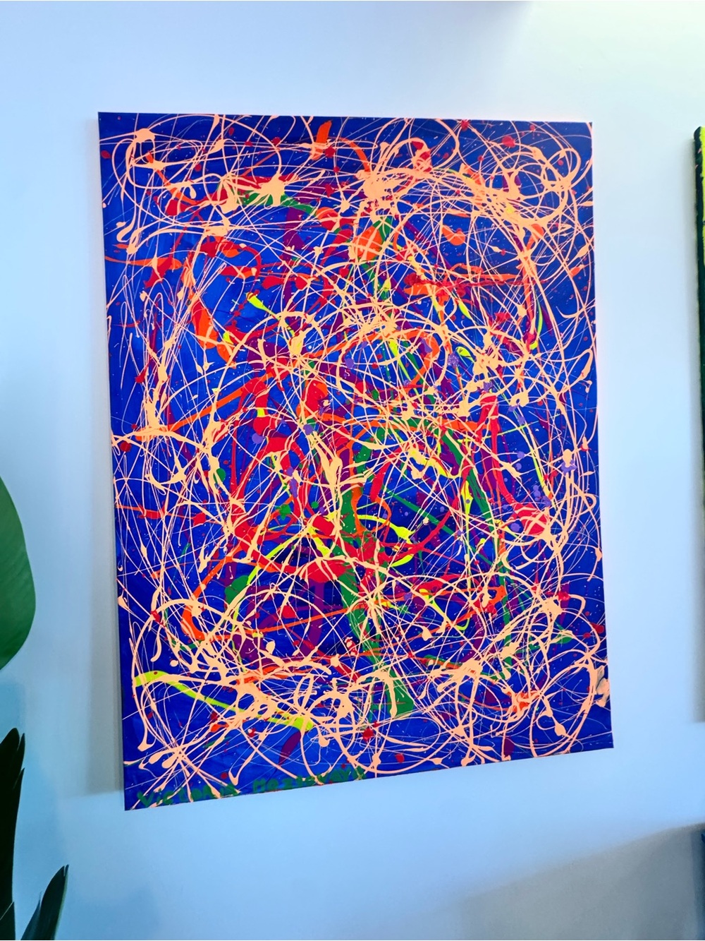 Abstract Splatter Canvas Painting in Royal Blue, Peach, Red & Green